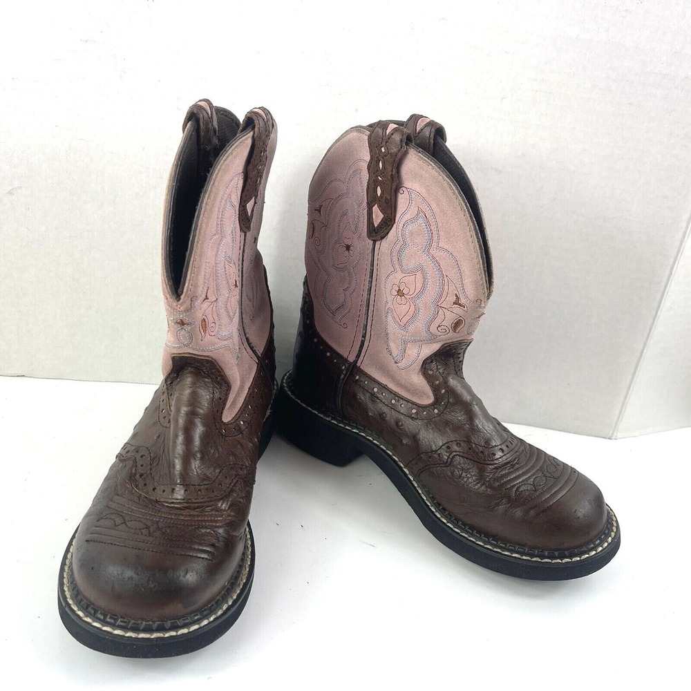 Justin Gypsy Cowboy Western Boots Women 6B Shoe Ostrich Print Leather Pink Brown